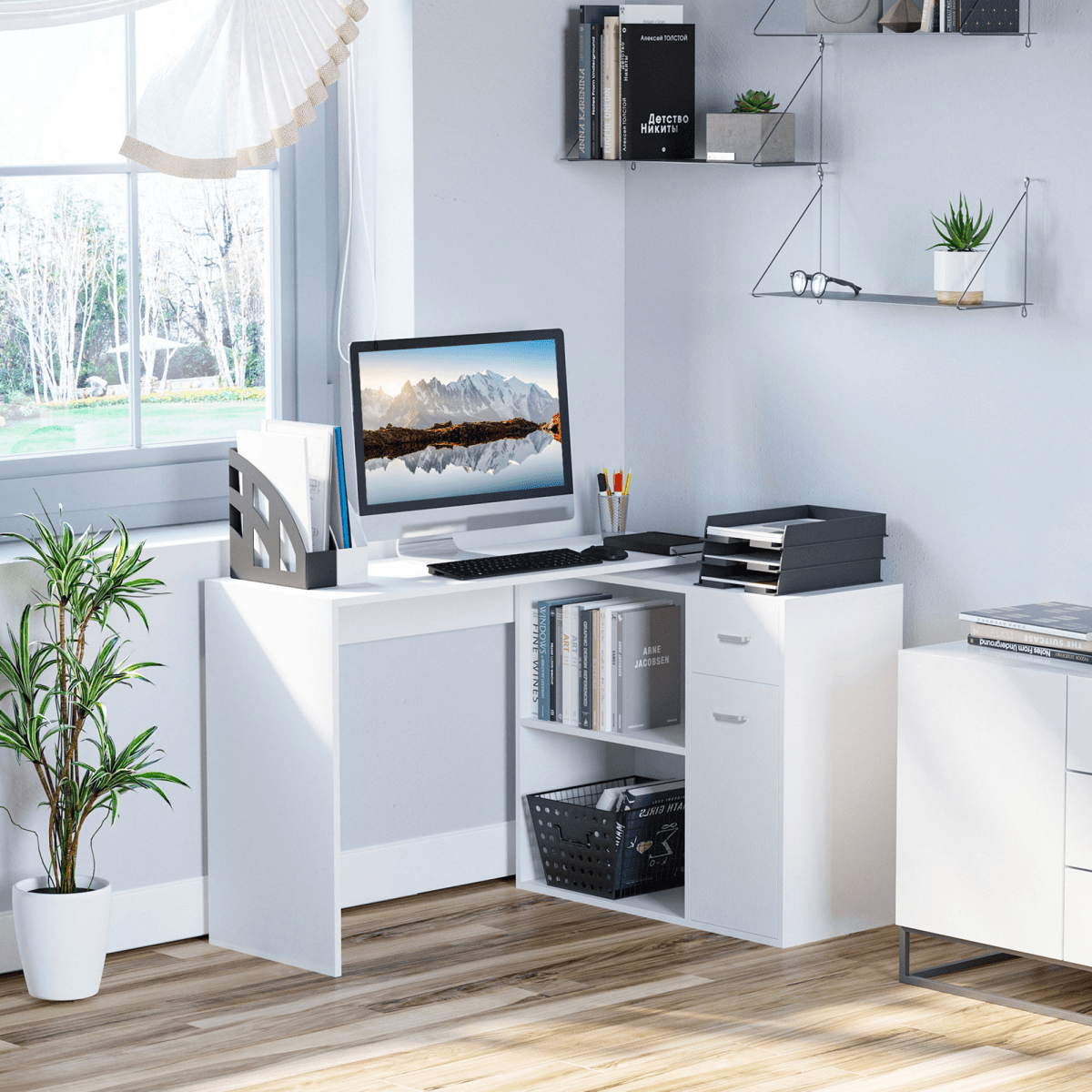 L-Shaped Rotating Computer Desk with 360° Rotation in White for Optimal Space Utilization - JP Haus