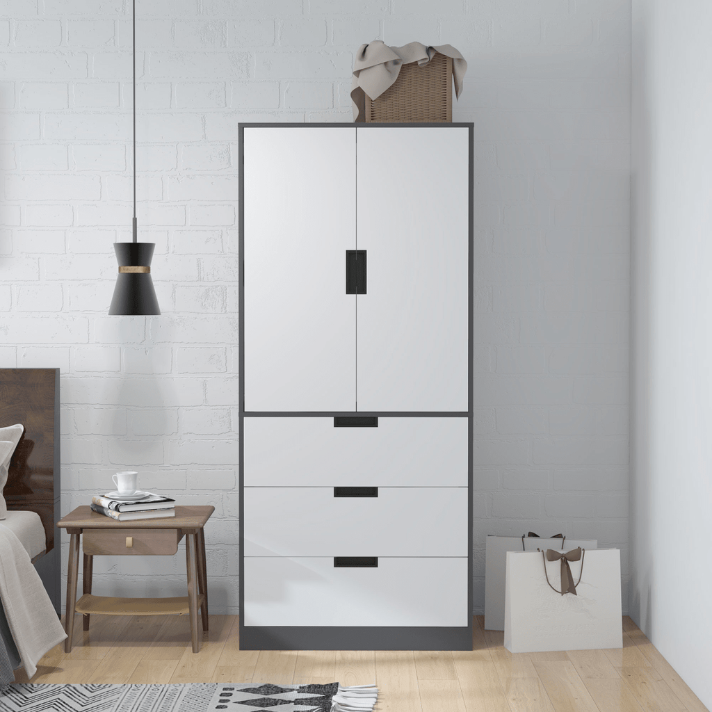 2-Door Wardrobe with 3 Drawers & Hanging Rail in Grey - Stylish Storage Solution for Your Space - JP Haus
