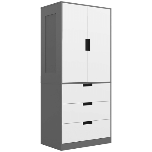 2-Door Wardrobe with 3 Drawers & Hanging Rail in Grey - Stylish Storage Solution for Your Space - JP Haus