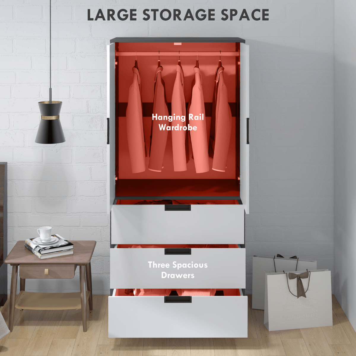 2-Door Wardrobe with 3 Drawers & Hanging Rail in Grey - Stylish Storage Solution for Your Space - JP Haus