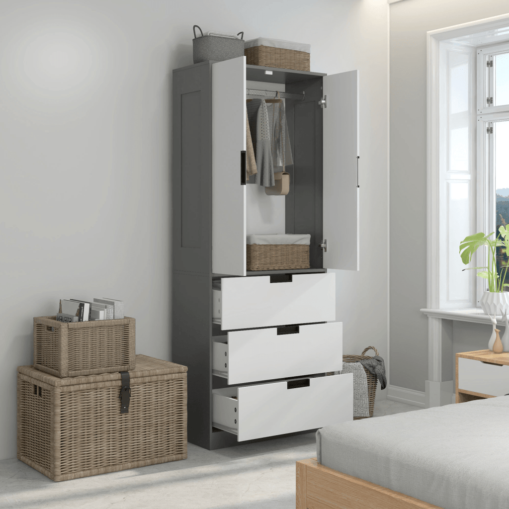 2-Door Wardrobe with 3 Drawers & Hanging Rail in Grey - Stylish Storage Solution for Your Space - JP Haus