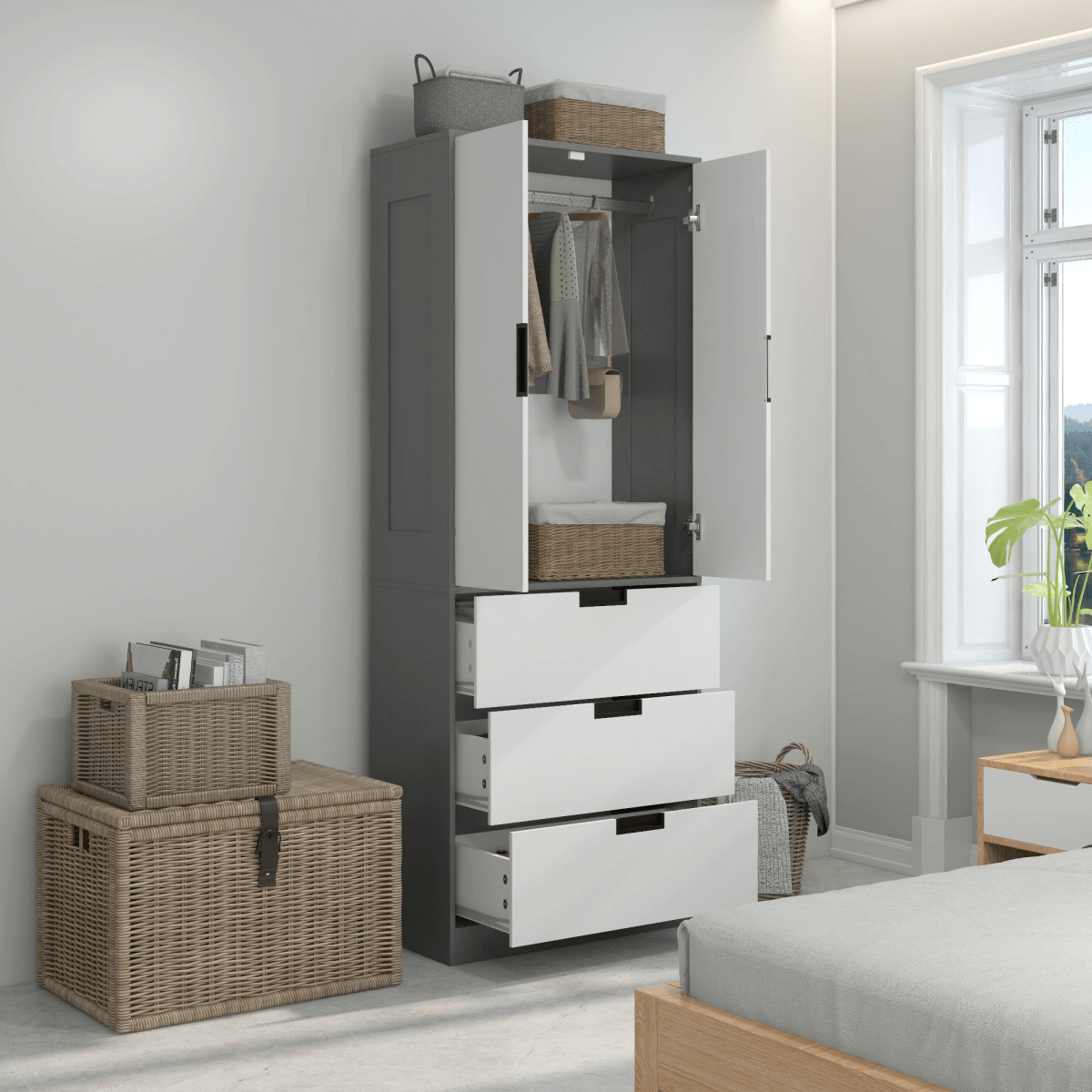 2-Door Wardrobe with 3 Drawers & Hanging Rail in Grey - Stylish Storage Solution for Your Space - JP Haus