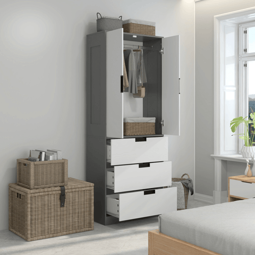 2-Door Wardrobe with 3 Drawers & Hanging Rail in Grey - Stylish Storage Solution for Your Space - JP Haus
