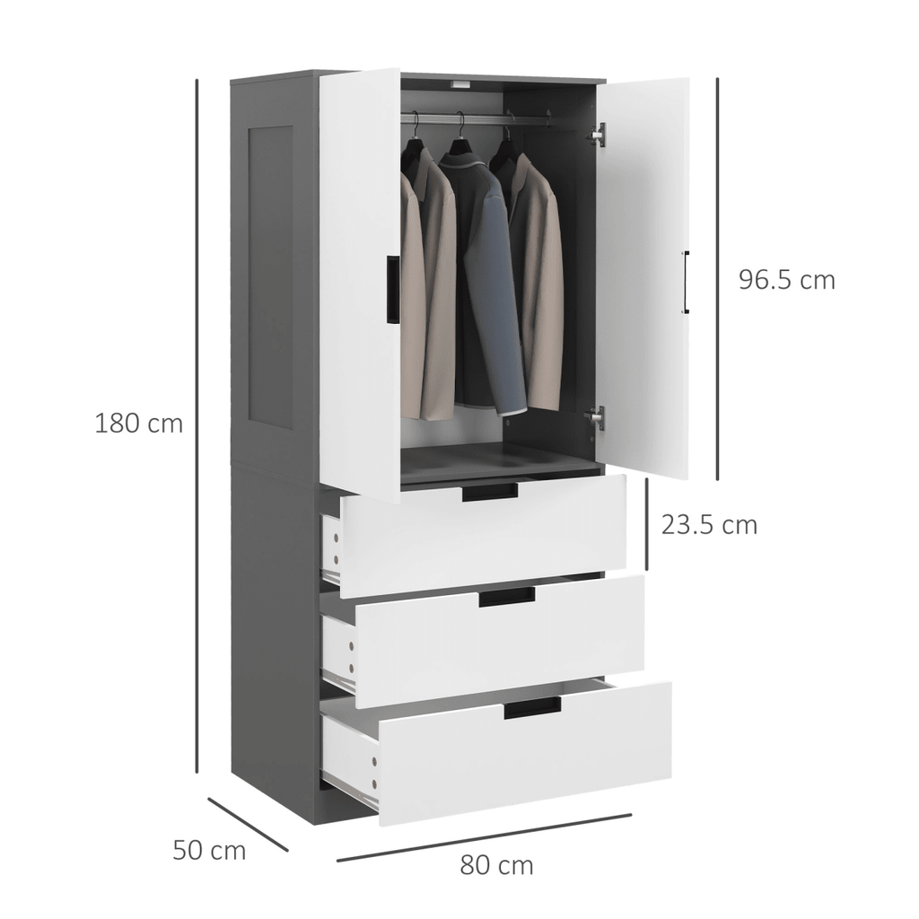 2-Door Wardrobe with 3 Drawers & Hanging Rail in Grey - Stylish Storage Solution for Your Space - JP Haus
