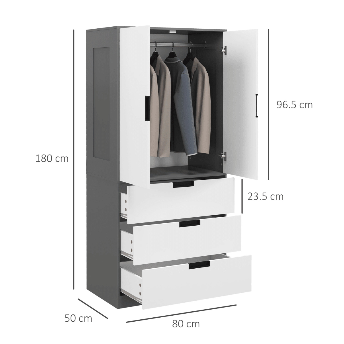 2-Door Wardrobe with 3 Drawers & Hanging Rail in Grey - Stylish Storage Solution for Your Space - JP Haus