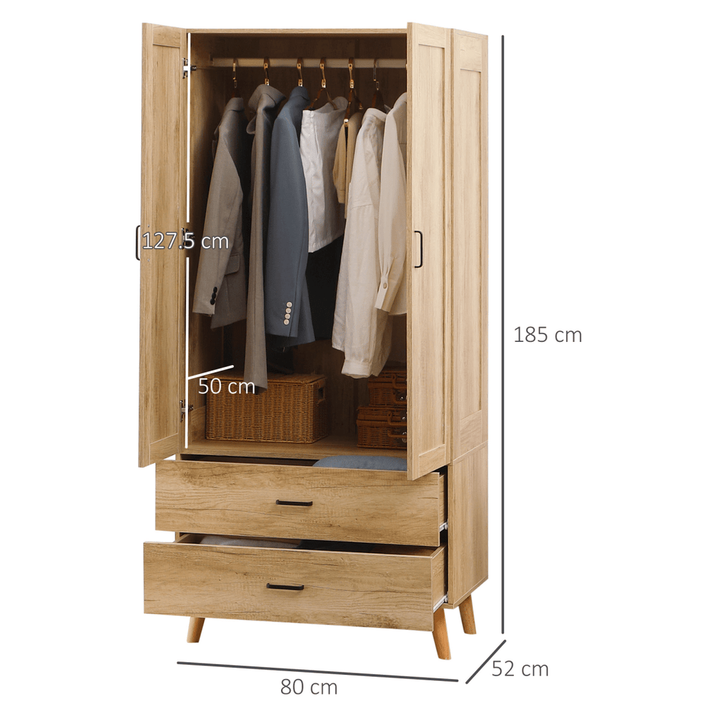 2-Door Wardrobe with Drawers & Hanging Rail – Natural Wood Effect - JP Haus