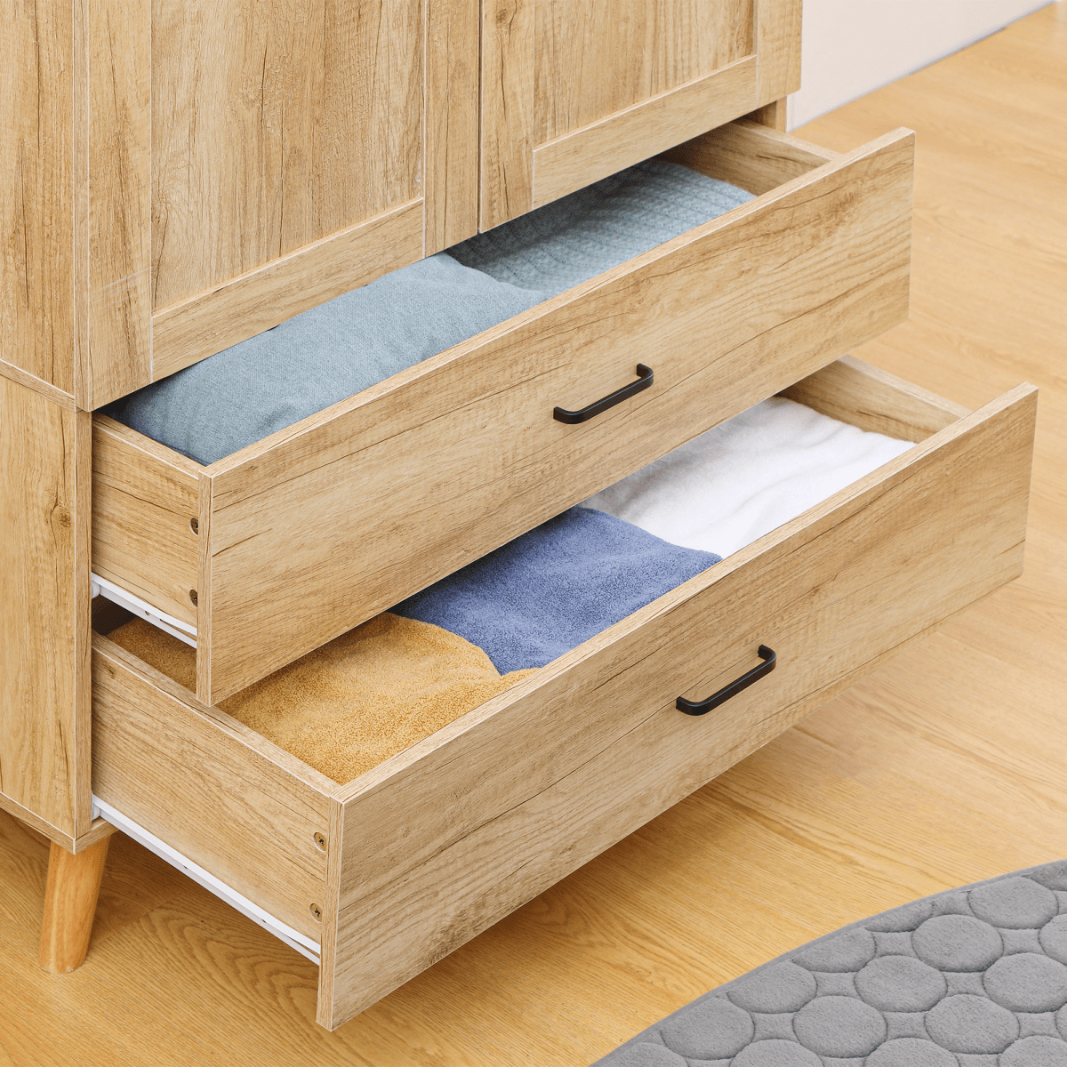2-Door Wardrobe with Drawers & Hanging Rail – Natural Wood Effect - JP Haus