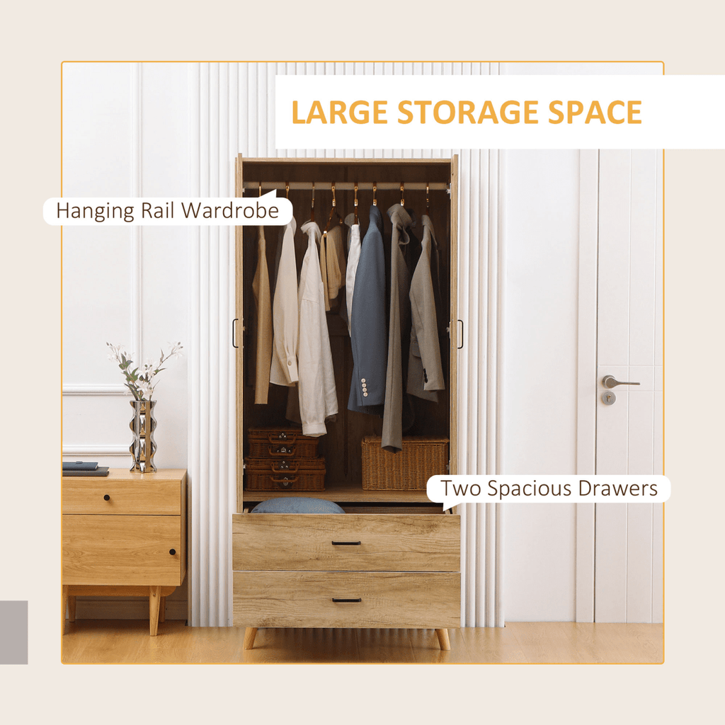2-Door Wardrobe with Drawers & Hanging Rail – Natural Wood Effect - JP Haus