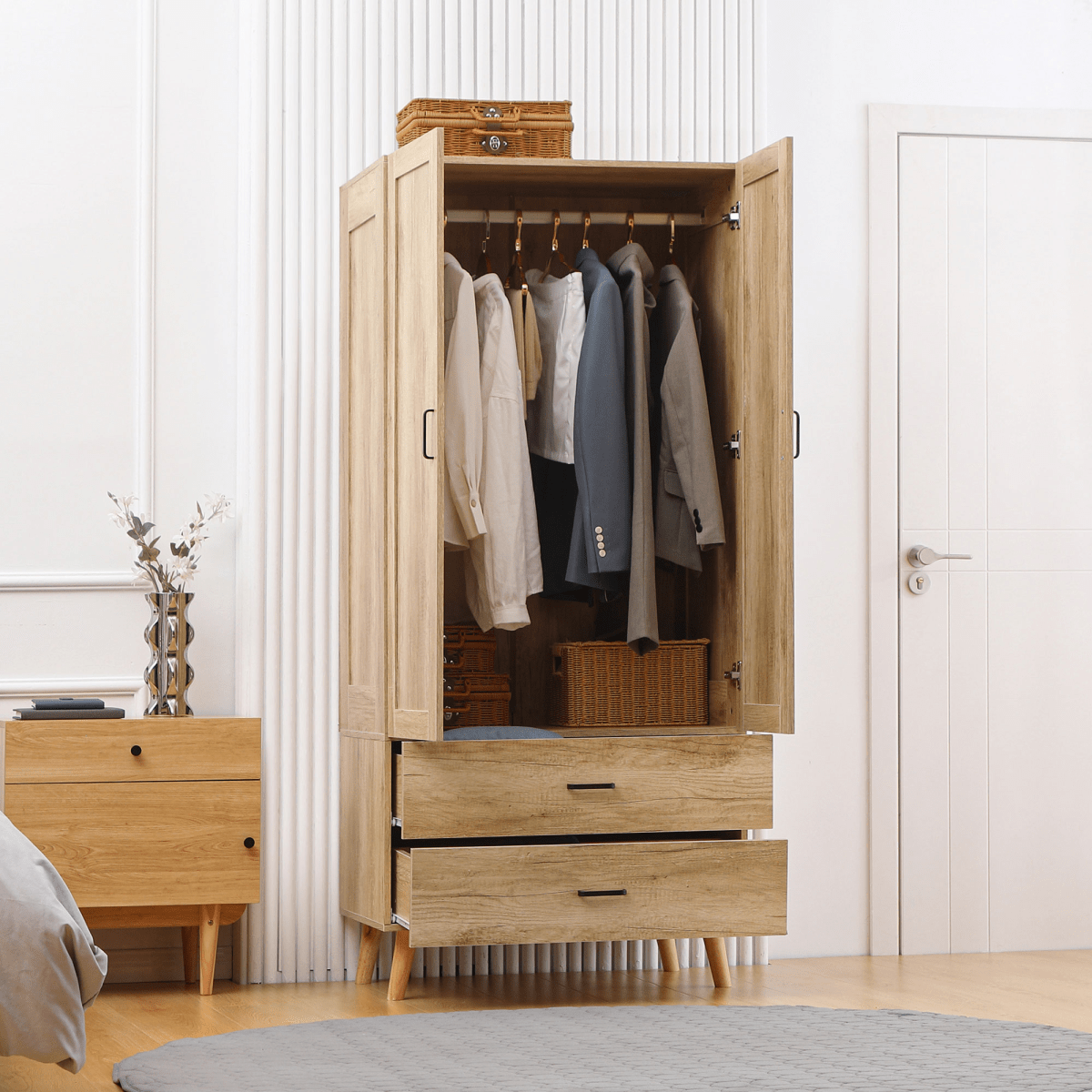 2-Door Wardrobe with Drawers & Hanging Rail – Natural Wood Effect - JP Haus