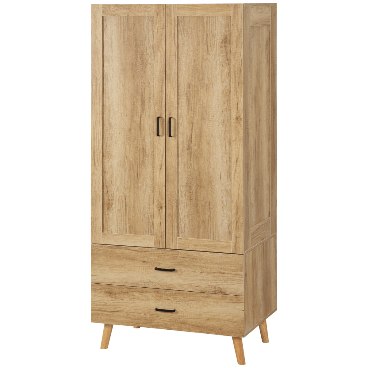 2-Door Wardrobe with Drawers & Hanging Rail – Natural Wood Effect - JP Haus