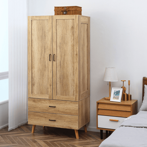 2-Door Wardrobe with Drawers & Hanging Rail – Natural Wood Effect - JP Haus