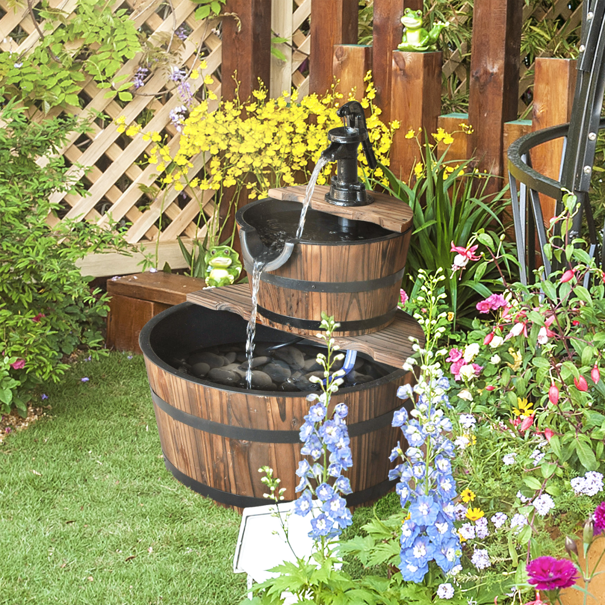 2-Tier Wooden Barrel Fountain for Garden Cascading Decor - JP Haus