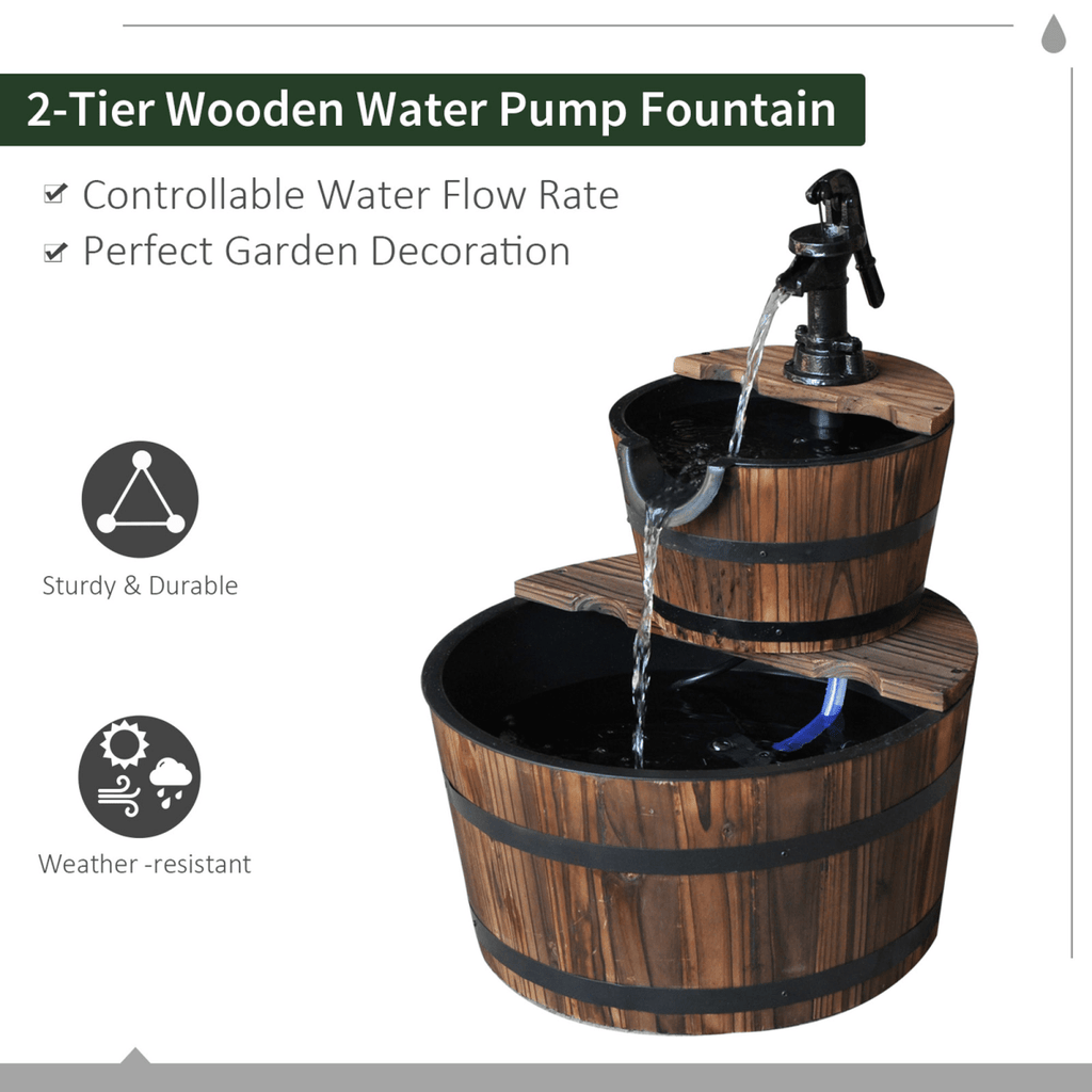 2-Tier Wooden Barrel Fountain for Garden Cascading Decor - JP Haus
