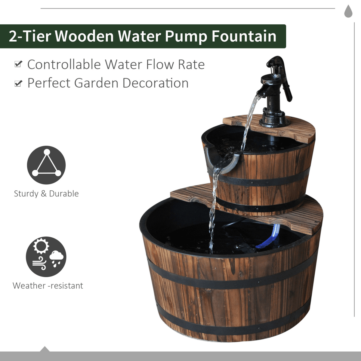 2-Tier Wooden Barrel Fountain for Garden Cascading Decor - JP Haus