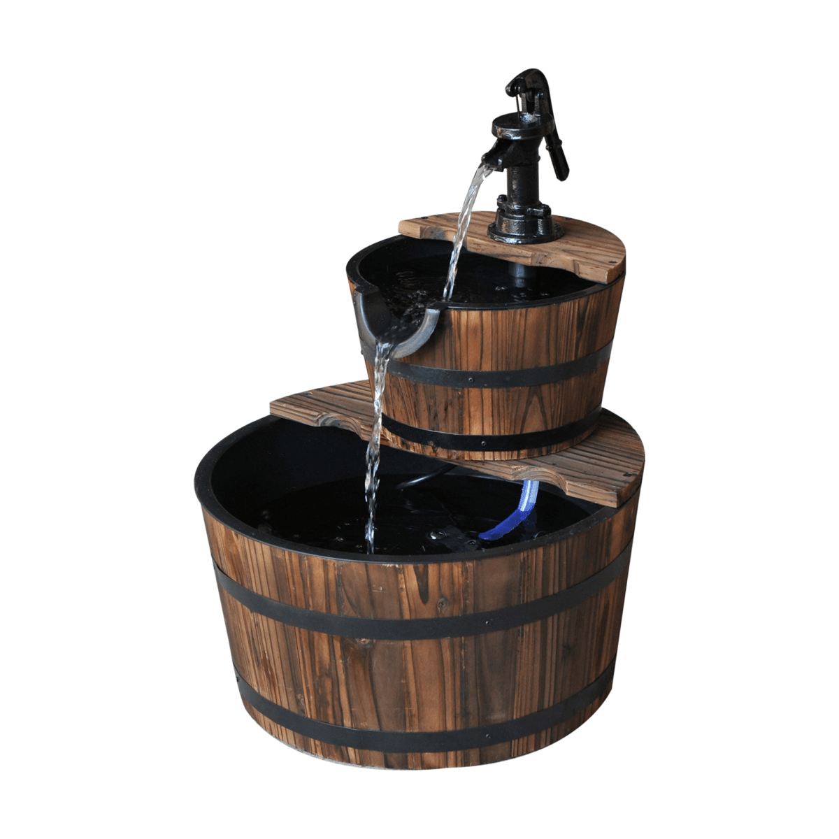 2-Tier Wooden Barrel Fountain for Garden Cascading Decor - JP Haus