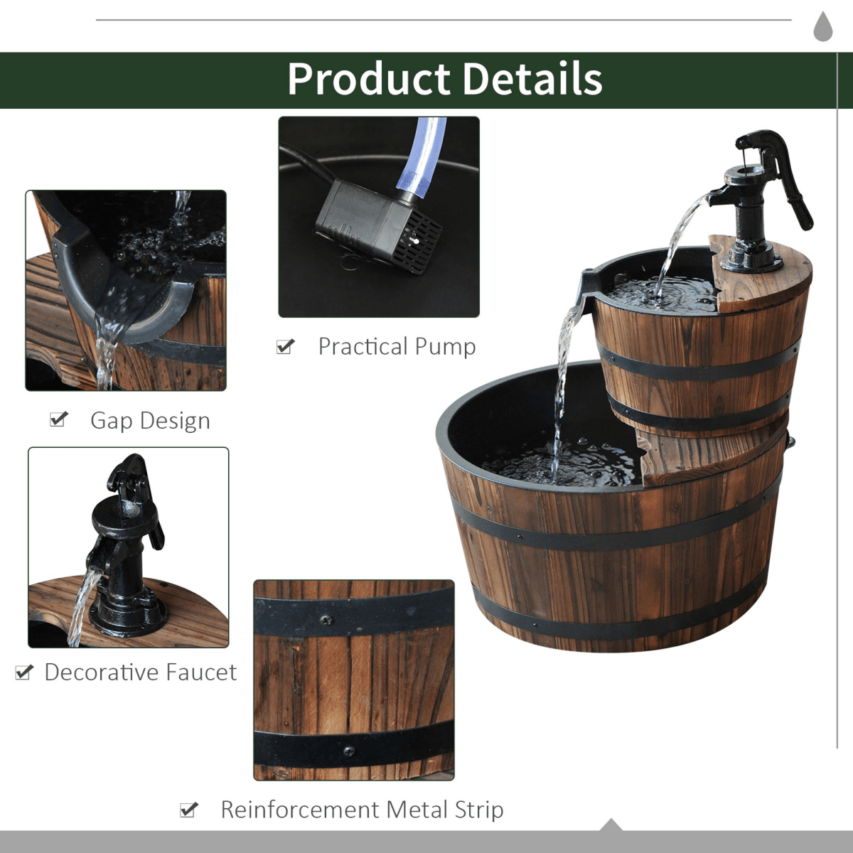 2-Tier Wooden Barrel Fountain for Garden Cascading Decor - JP Haus
