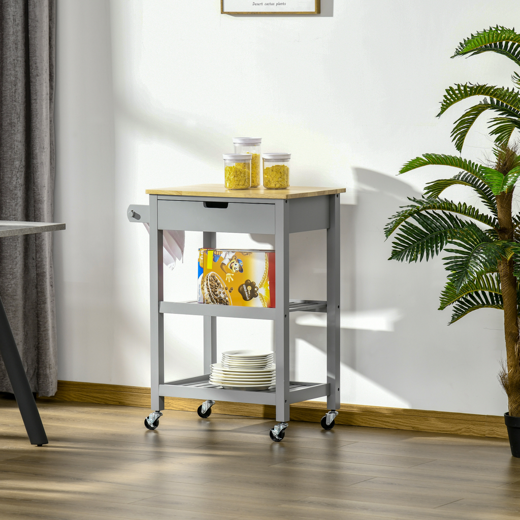 Kitchen Trolley on Wheels with Rubberwood Worktop & Towel Rack - JP Haus