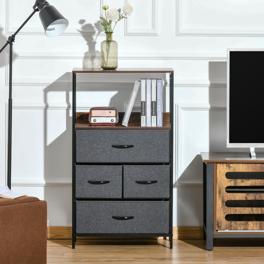 4-Drawer Fabric Storage Chest with Open Shelves – Black - JP Haus