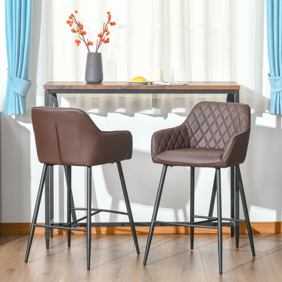 Set of 2 Retro PU Leather Bar Stools with Footrest - JP Haus