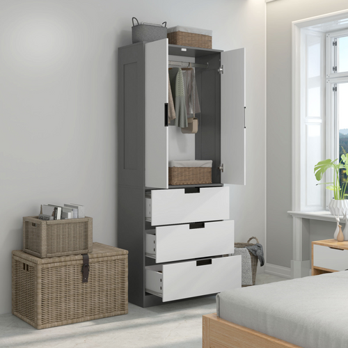 2-Door Wardrobe with 3 Drawers & Hanging Rail – Grey - JP Haus