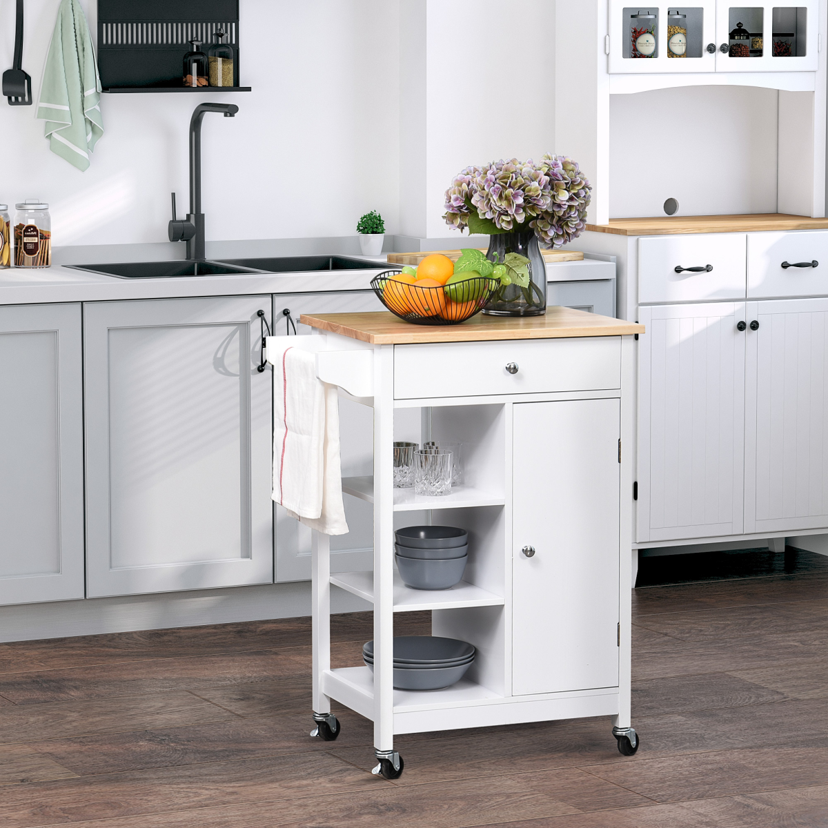 White MDF Kitchen Storage Trolley with Drawer & Shelves - JP Haus