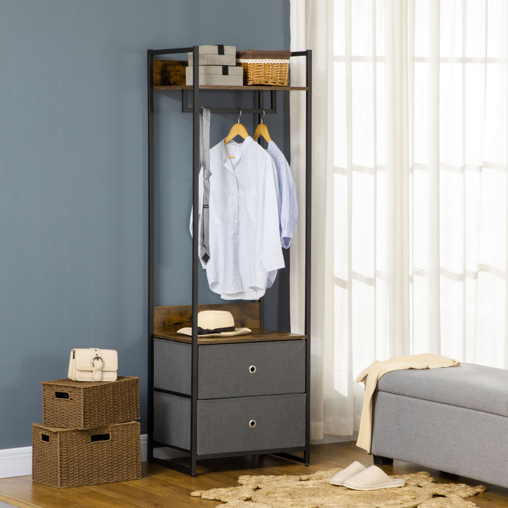 Industrial Clothes Rail with 2 Fabric Drawers – Rustic Brown - JP Haus