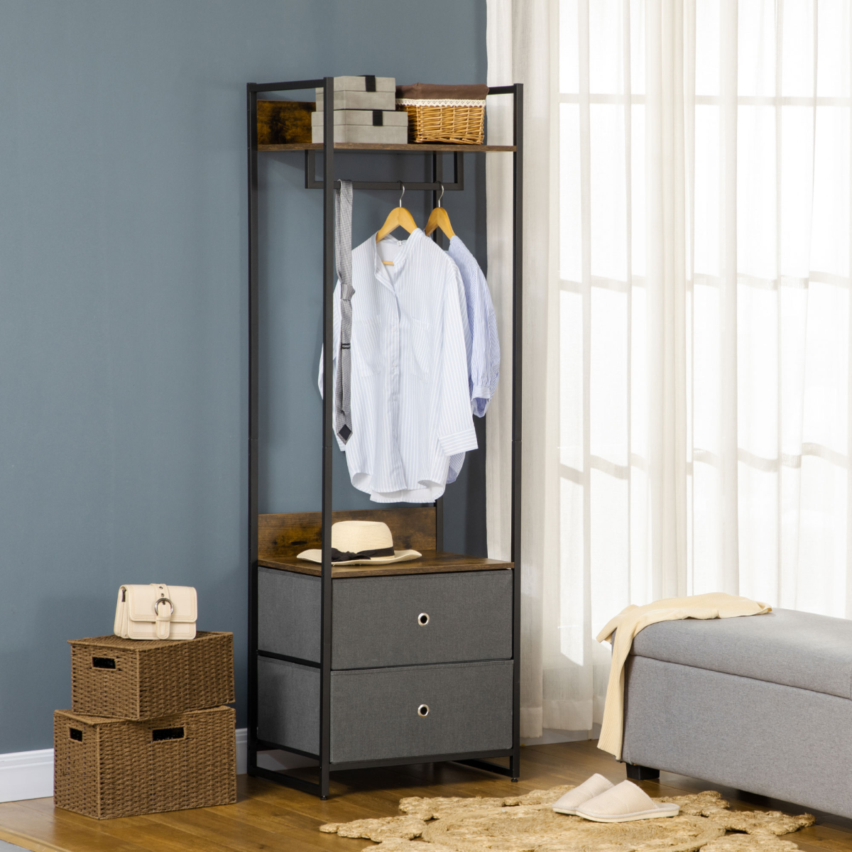 Industrial Clothes Rail with 2 Fabric Drawers – Rustic Brown - JP Haus