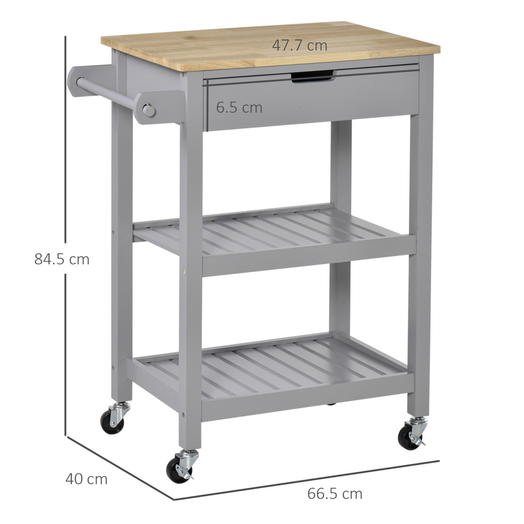 Kitchen Trolley on Wheels with Rubberwood Worktop & Towel Rack - JP Haus