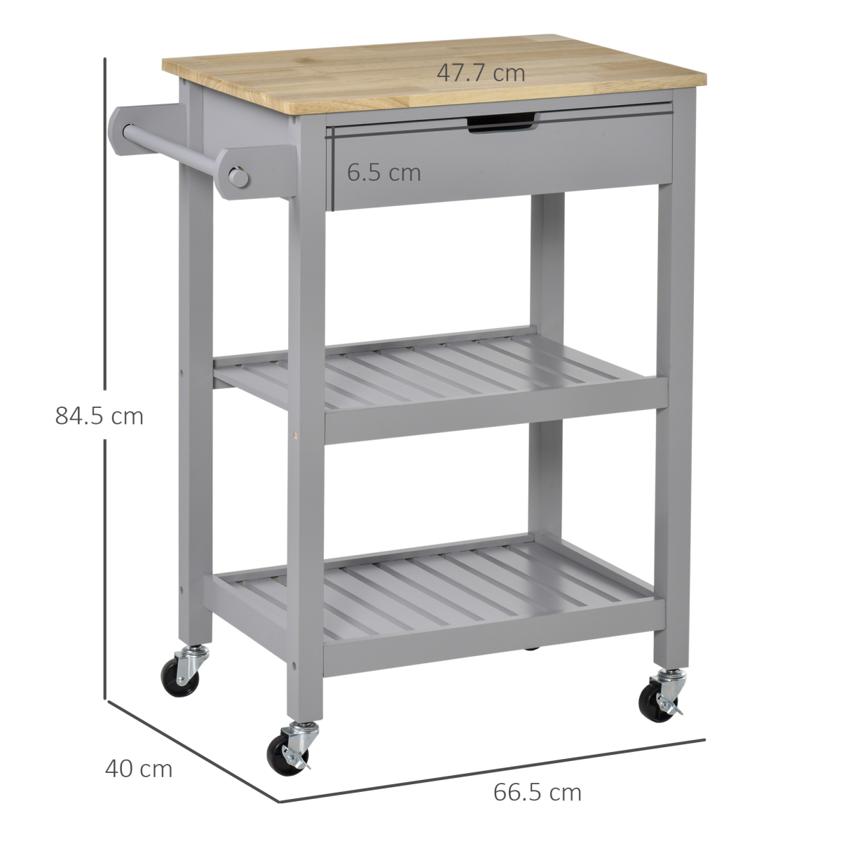 Kitchen Trolley on Wheels with Rubberwood Worktop & Towel Rack - JP Haus