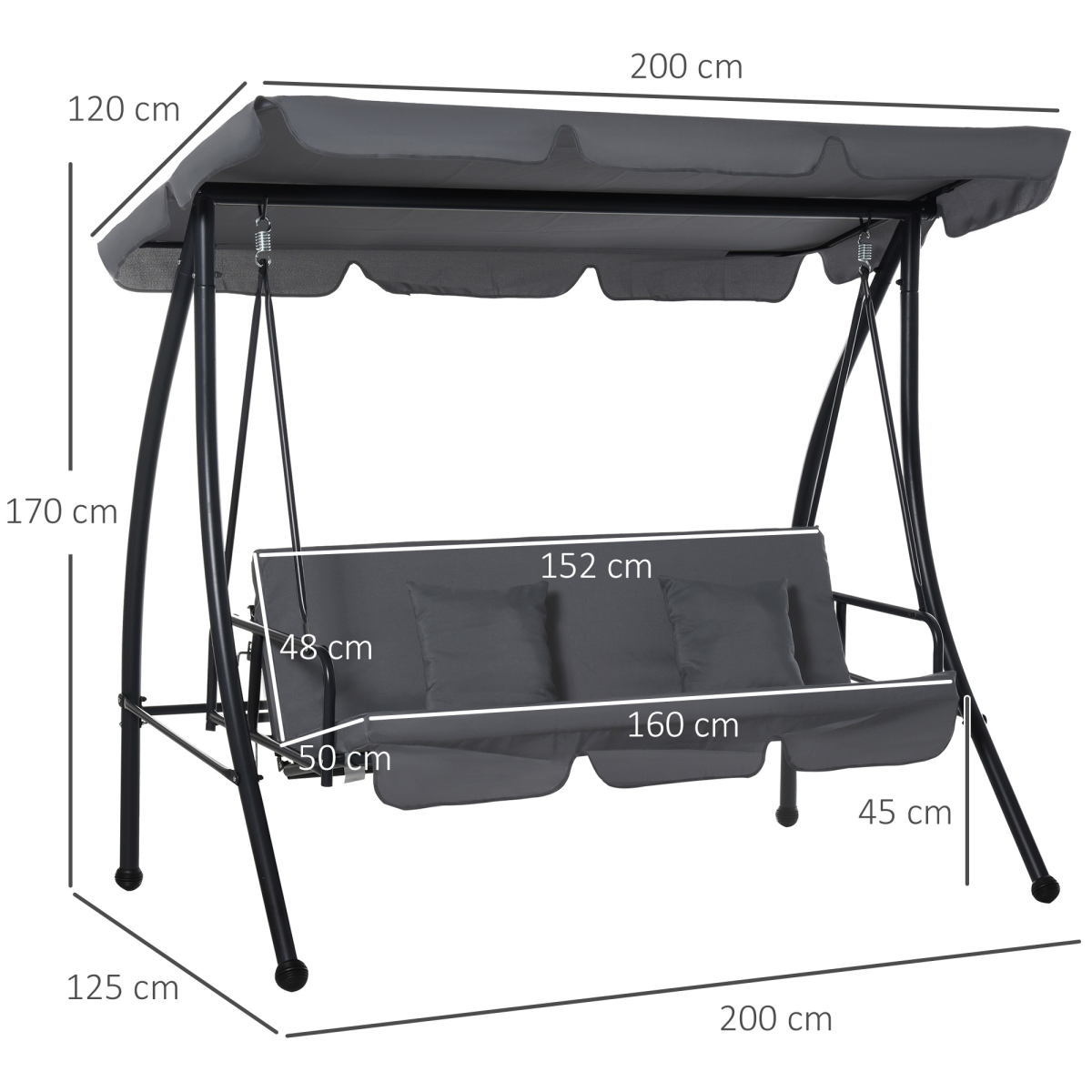 2-in-1 Patio Swing Chair & Lounger – 3-Seater, Dark Grey - JP Haus