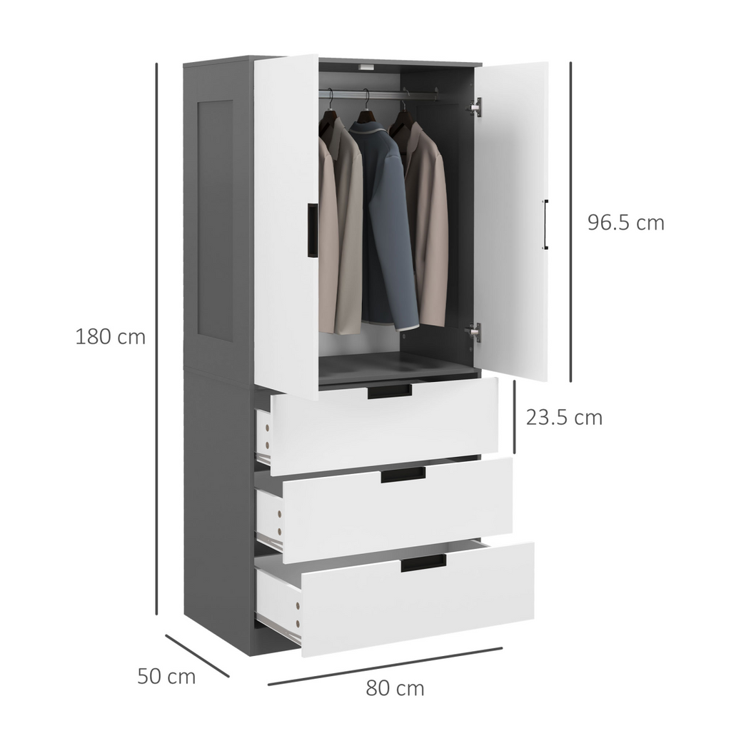 2-Door Wardrobe with 3 Drawers & Hanging Rail – Grey - JP Haus
