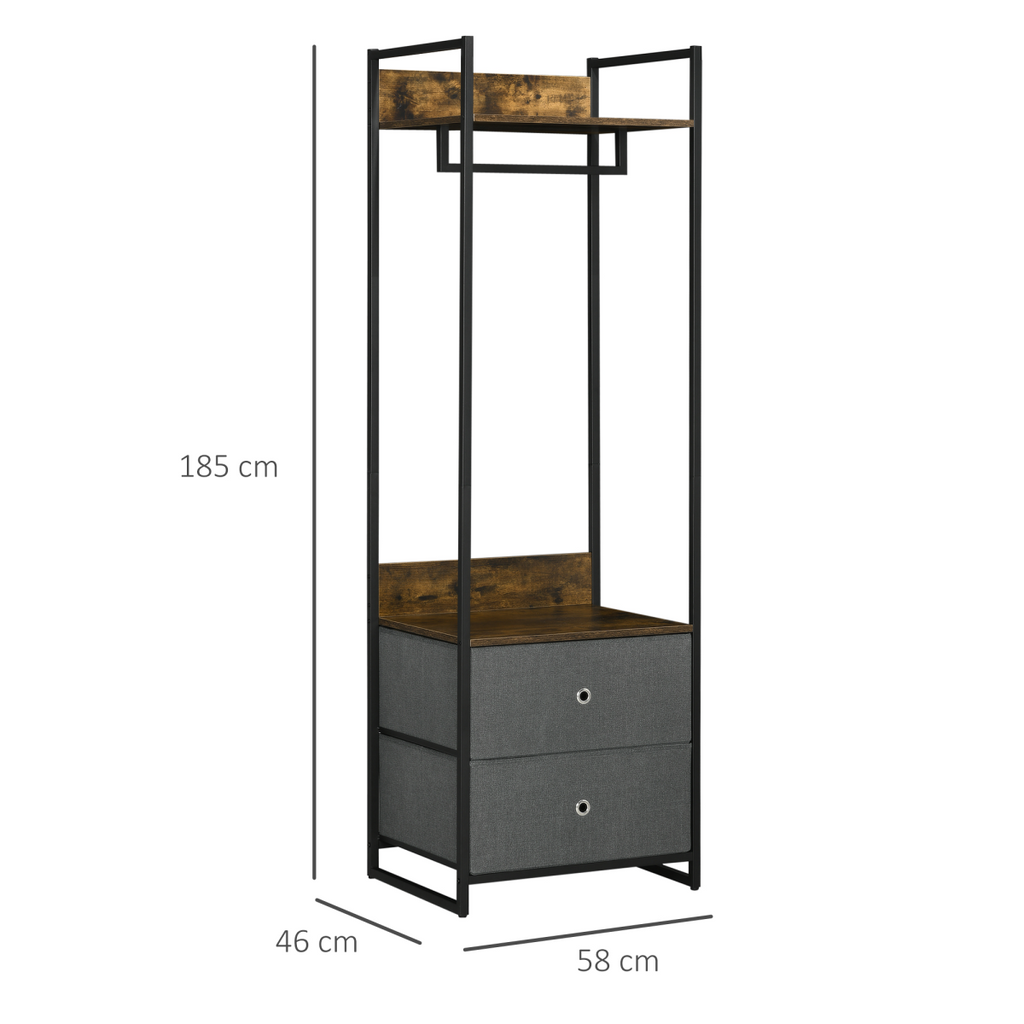 Industrial Clothes Rail with 2 Fabric Drawers – Rustic Brown - JP Haus
