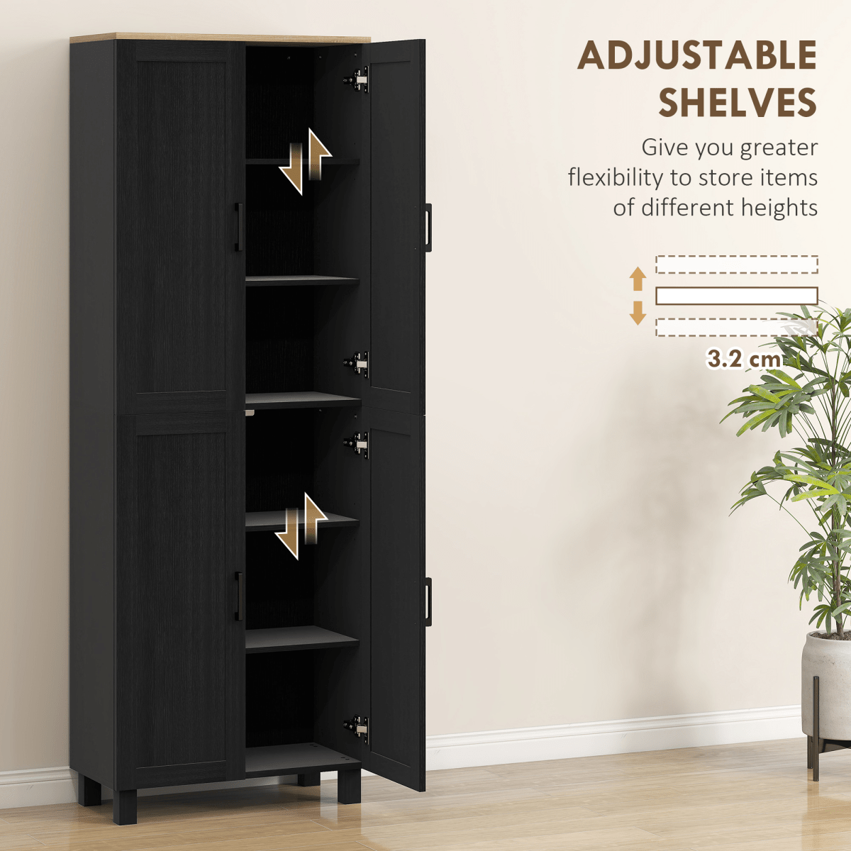 4-Door Kitchen Storage Cabinet with Adjustable Shelves in Black - JP Haus