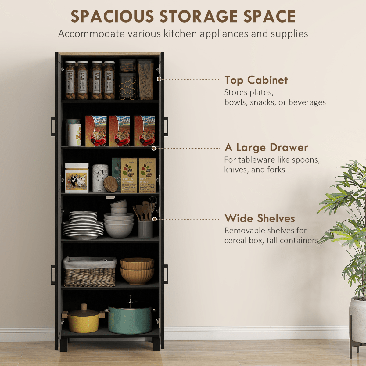 4-Door Kitchen Storage Cabinet with Adjustable Shelves in Black - JP Haus