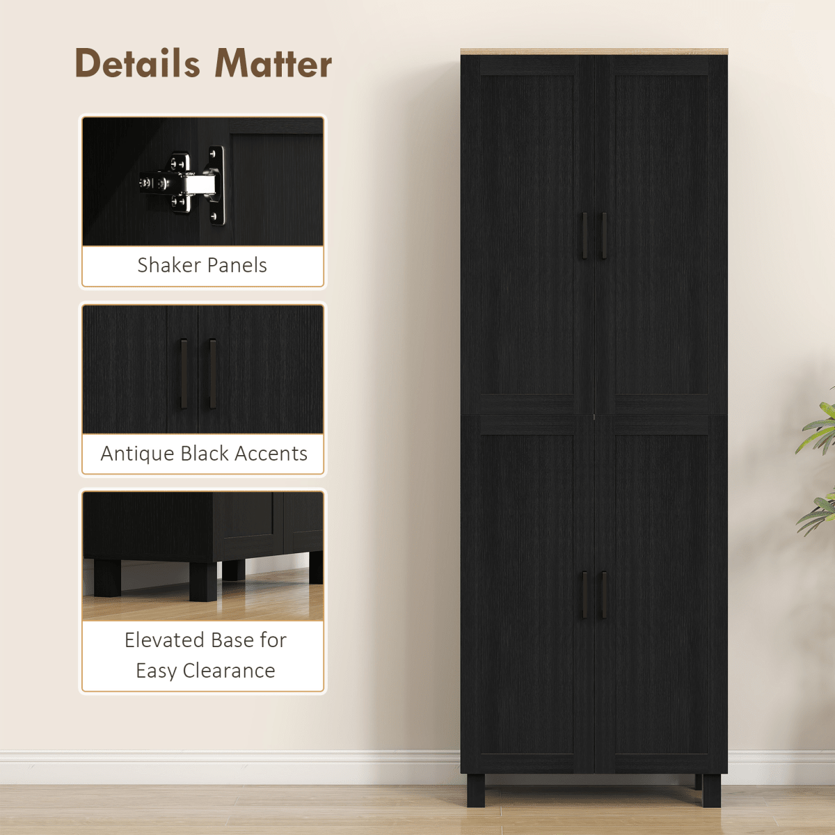 4-Door Kitchen Storage Cabinet with Adjustable Shelves in Black - JP Haus