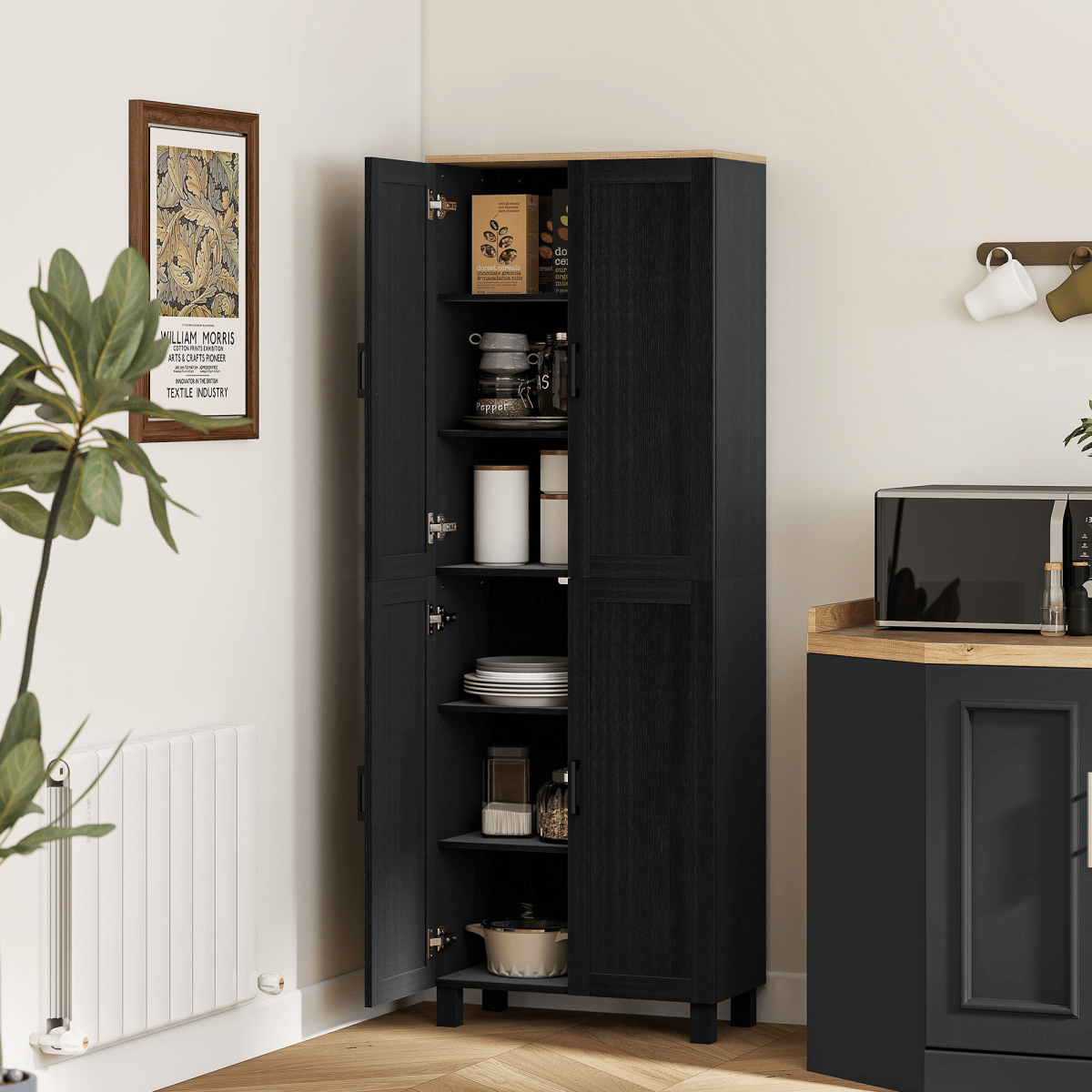 4-Door Kitchen Storage Cabinet with Adjustable Shelves in Black - JP Haus