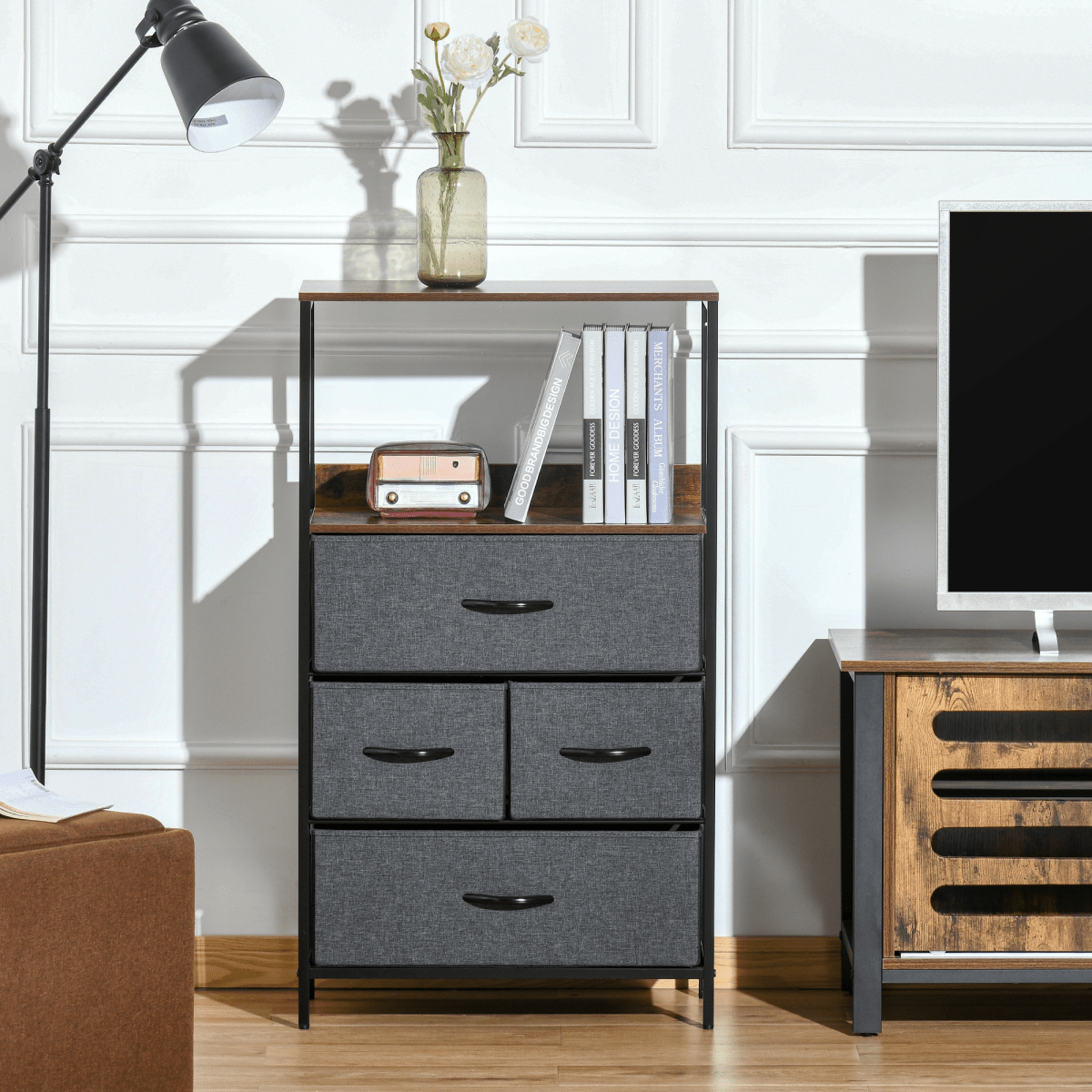 4-Drawer Fabric Storage Chest with Open Shelves in Black - JP Haus
