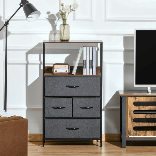 4-Drawer Fabric Storage Chest with Open Shelves in Black - JP Haus