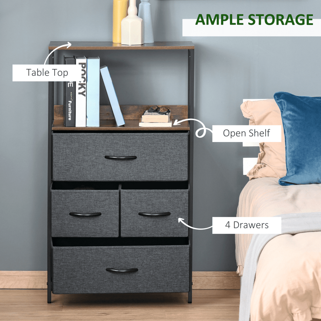 4-Drawer Fabric Storage Chest with Open Shelves in Black - JP Haus