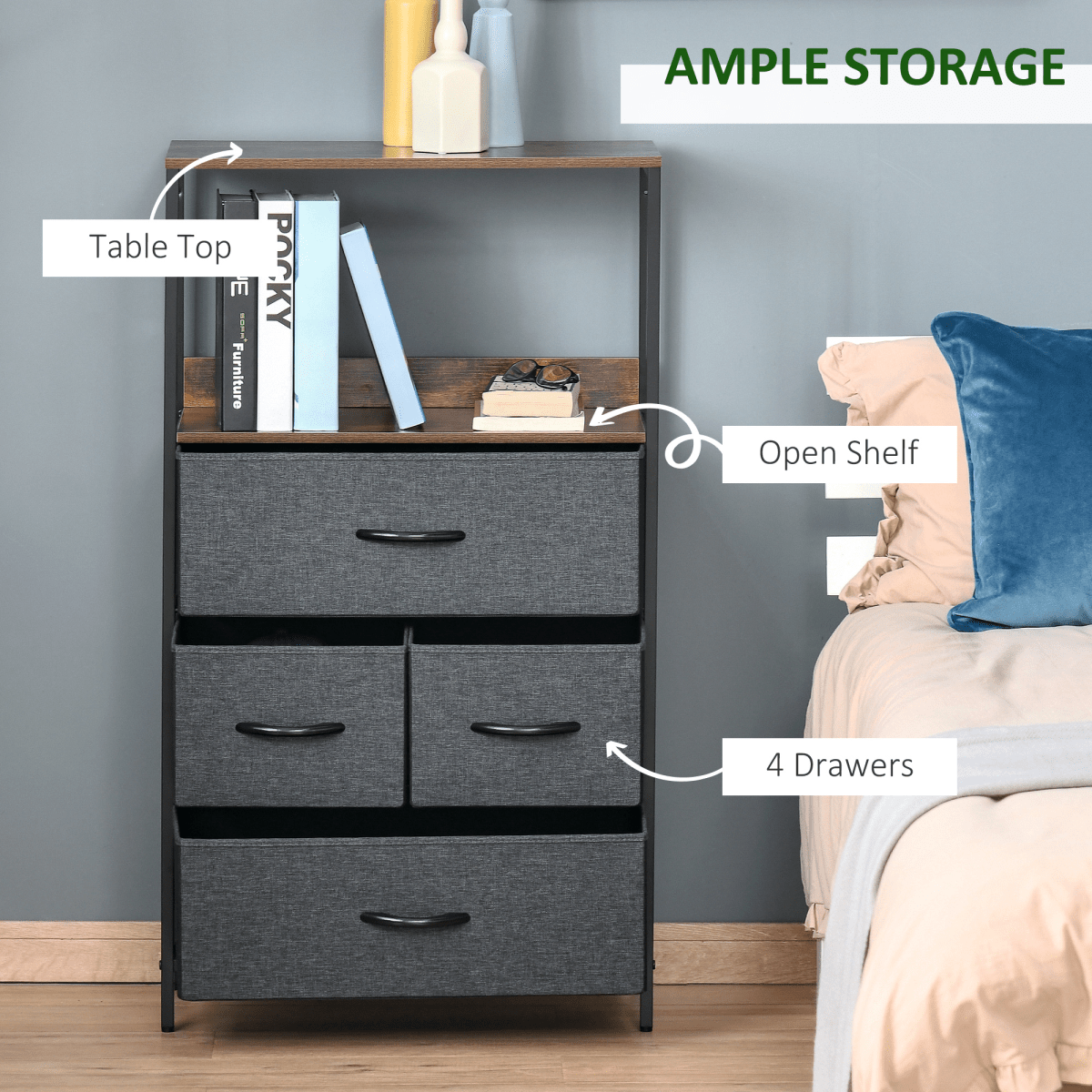 4-Drawer Fabric Storage Chest with Open Shelves in Black - JP Haus