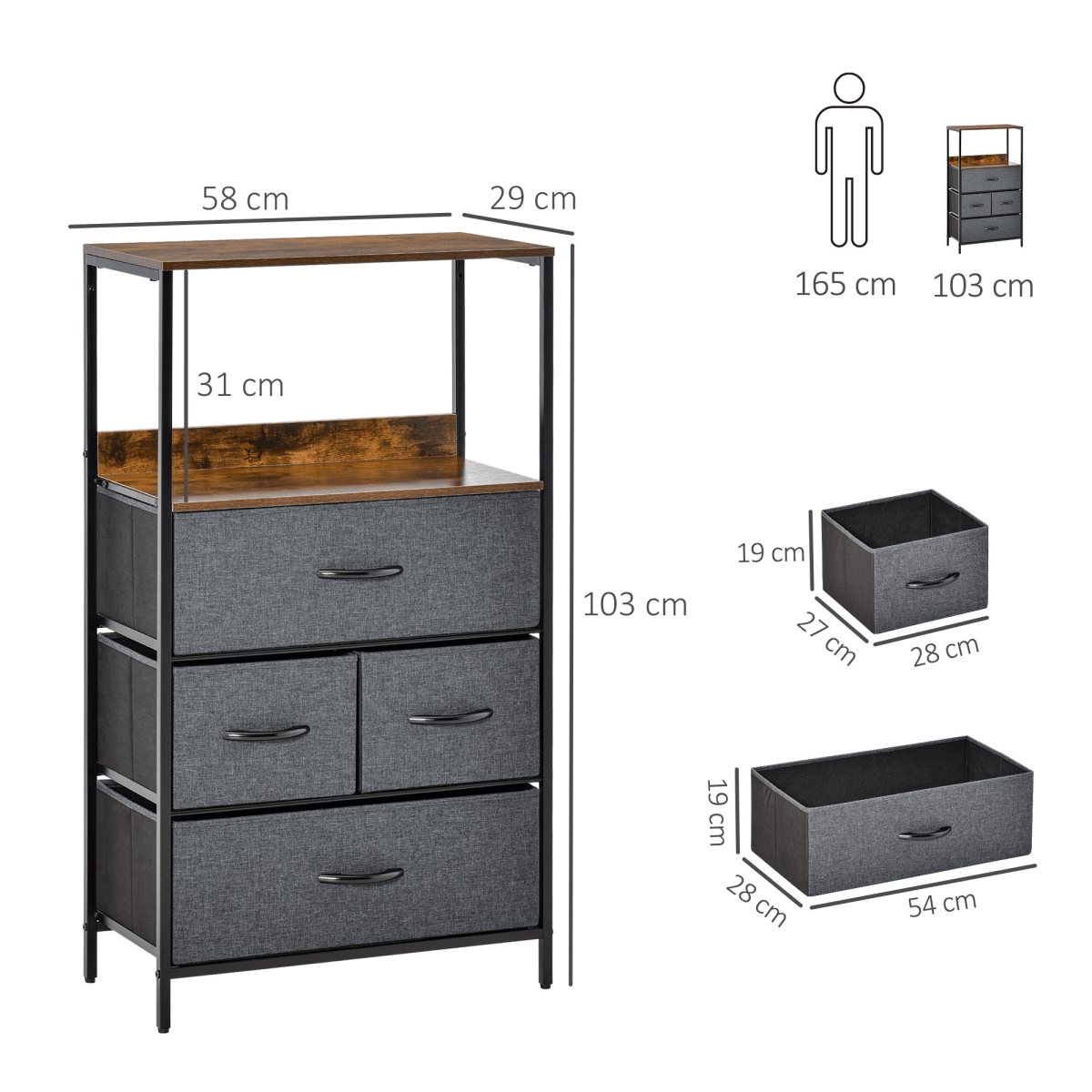 4-Drawer Fabric Storage Chest with Open Shelves in Black - JP Haus