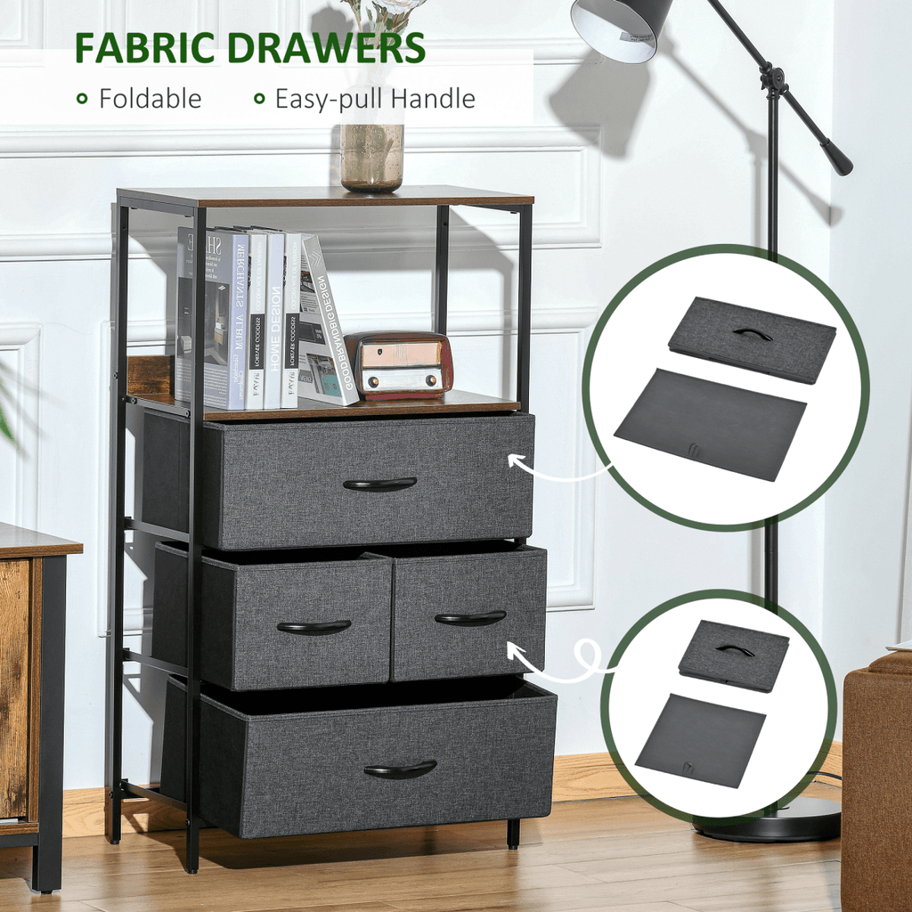4-Drawer Fabric Storage Chest with Open Shelves in Black - JP Haus