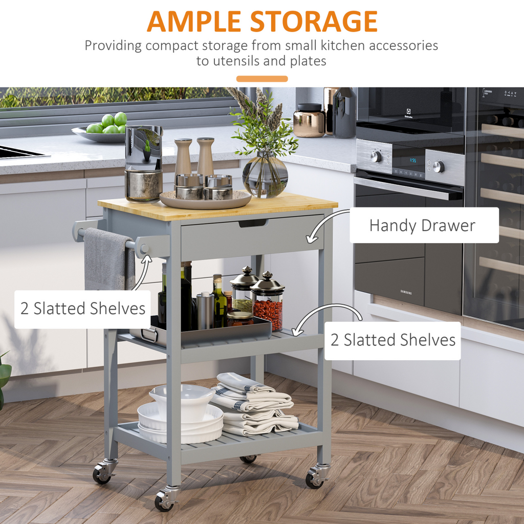 Kitchen Trolley on Wheels with Rubberwood Worktop & Towel Rack - JP Haus