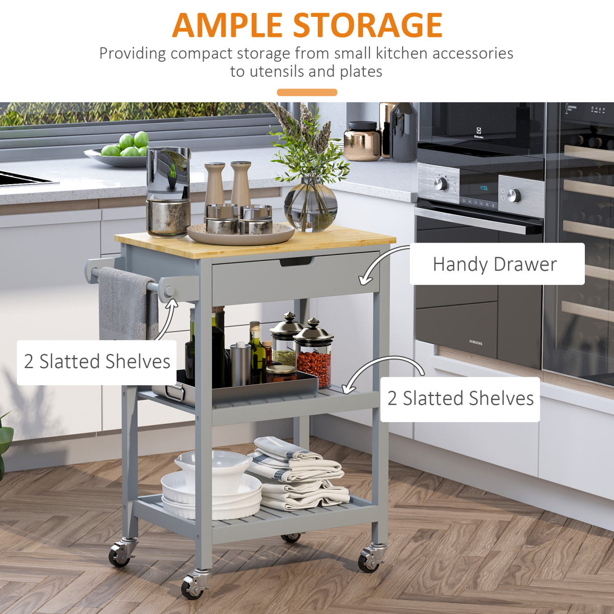 Kitchen Trolley on Wheels with Rubberwood Worktop & Towel Rack - JP Haus