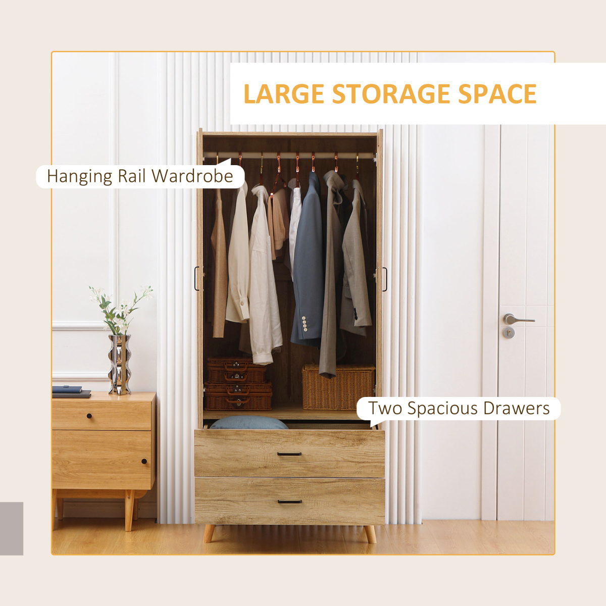 2-Door Wardrobe with 2 Drawers & Hanging Rail – Natural Wood Effect - JP Haus