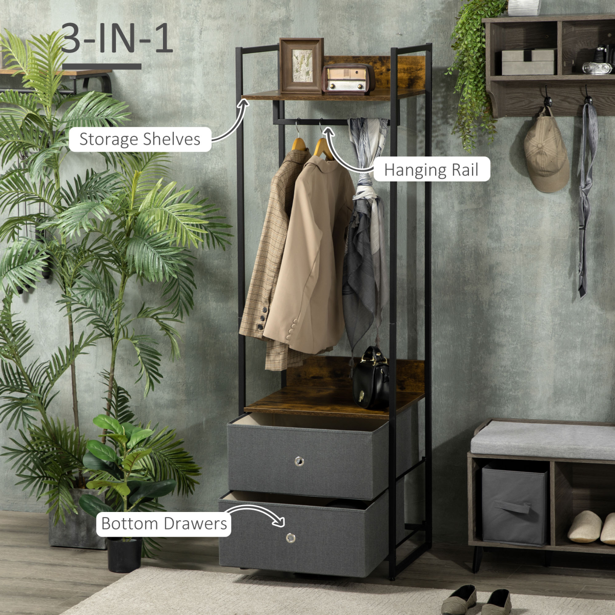 Industrial Clothes Rail with 2 Fabric Drawers – Rustic Brown - JP Haus