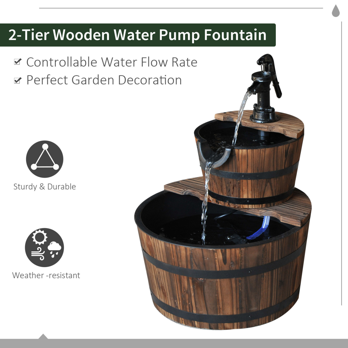 2-Tier Wooden Barrel Cascading Garden Fountain - JP Haus