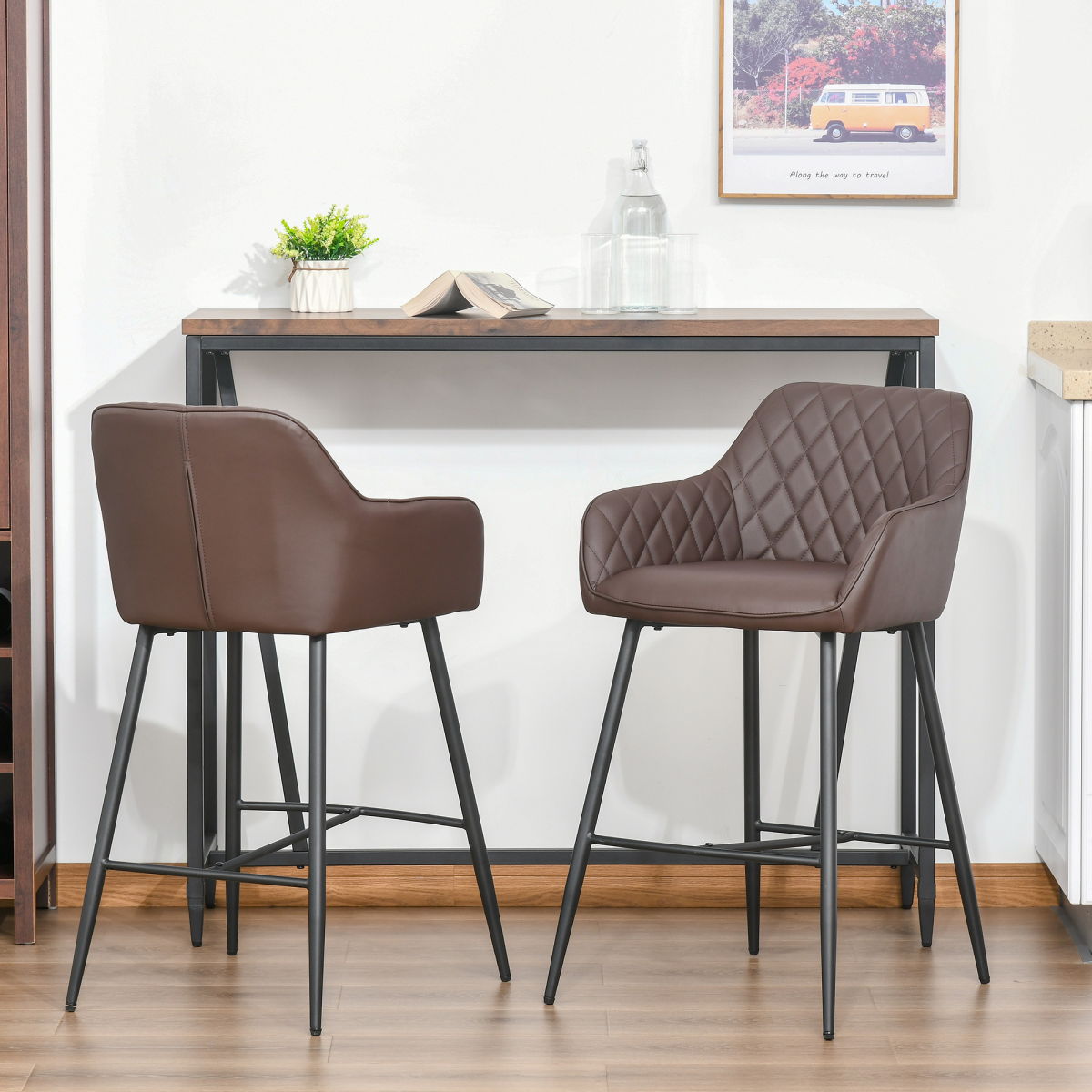 Set of 2 Retro PU Leather Bar Stools with Footrest - JP Haus