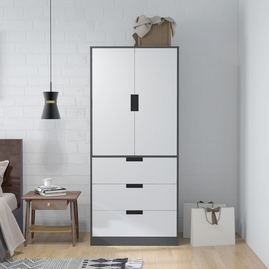 2-Door Wardrobe with 3 Drawers & Hanging Rail – Grey - JP Haus