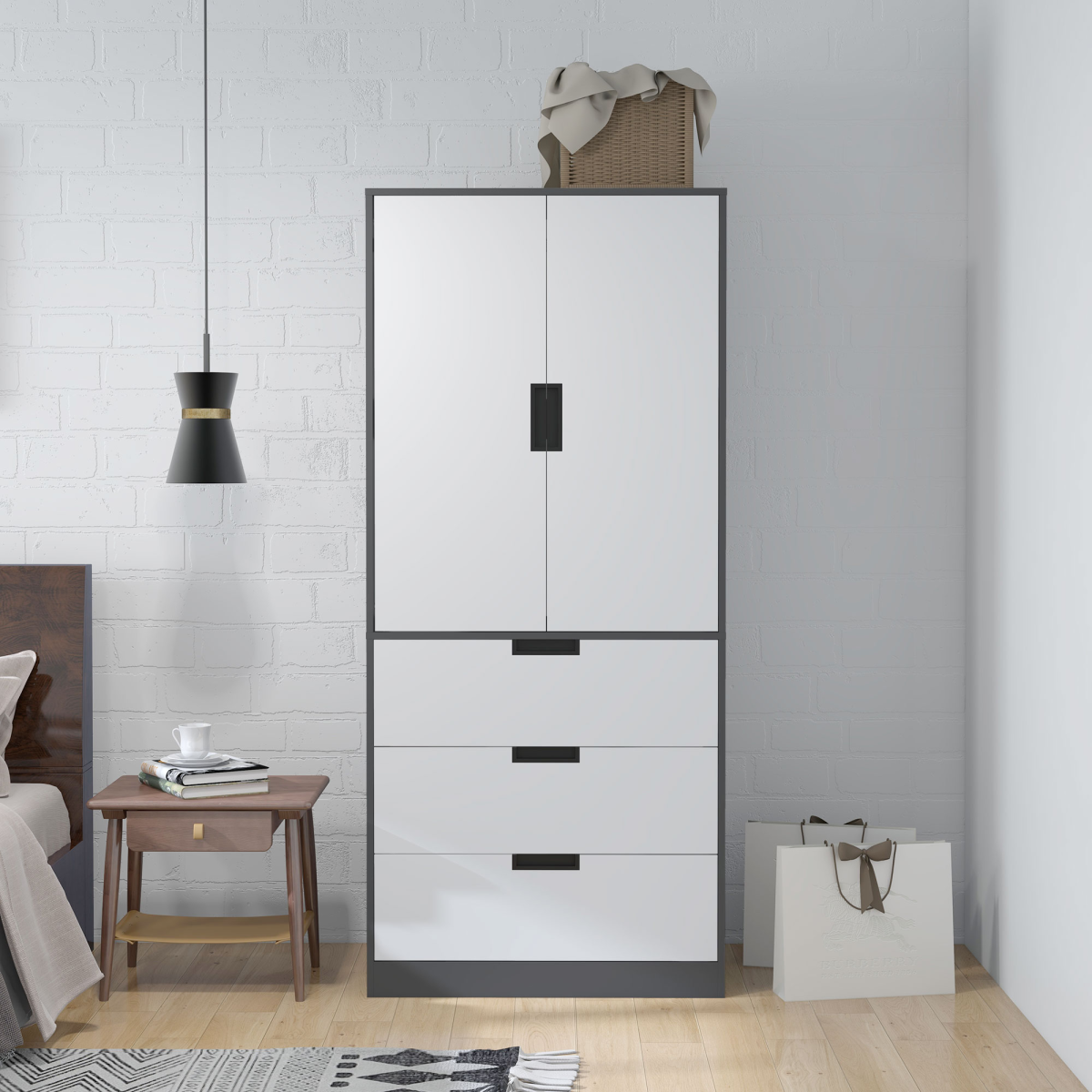 2-Door Wardrobe with 3 Drawers & Hanging Rail – Grey - JP Haus